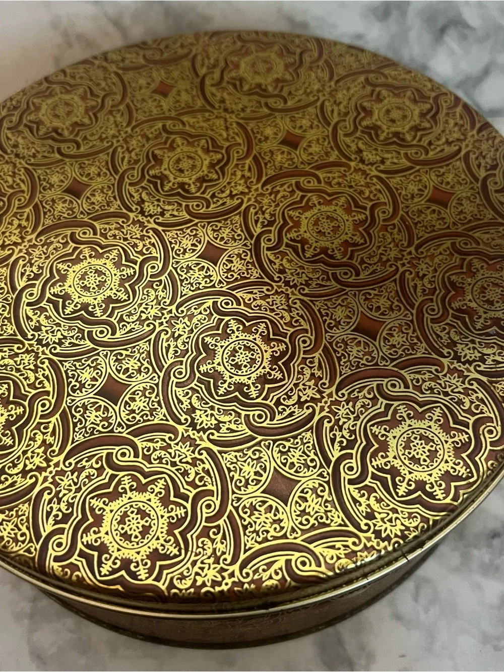 Round Decorative Metal Tin in Gold and Brown